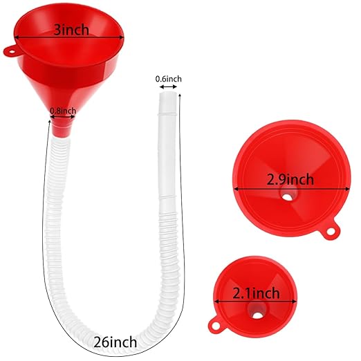 Arcimatto 3 Pack Automotive Oil Funnels Set, Right Angle Funnels, Car Plastic Long Neck Gas Fluid Funnel Kit with 23" Flexible Removable Hose for Water, Fuel, Oil Change