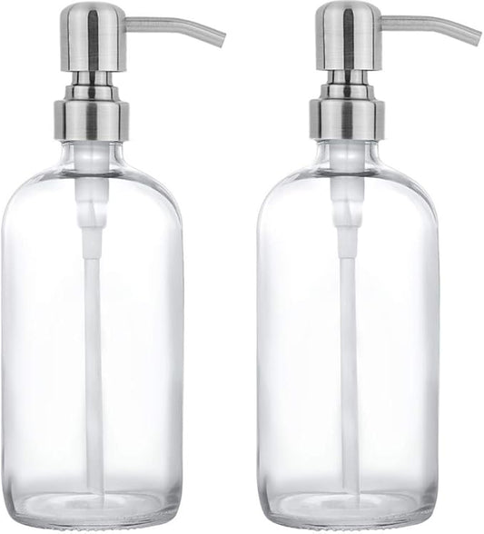 2 Pack Thick Clear Glass Pint Jar Soap Dispenser with Silver Stainless Steel Pump, 16ounce Clear Boston Round Bottles Dispenser with Rustproof Pump for Essential Oil, Lotion Soap