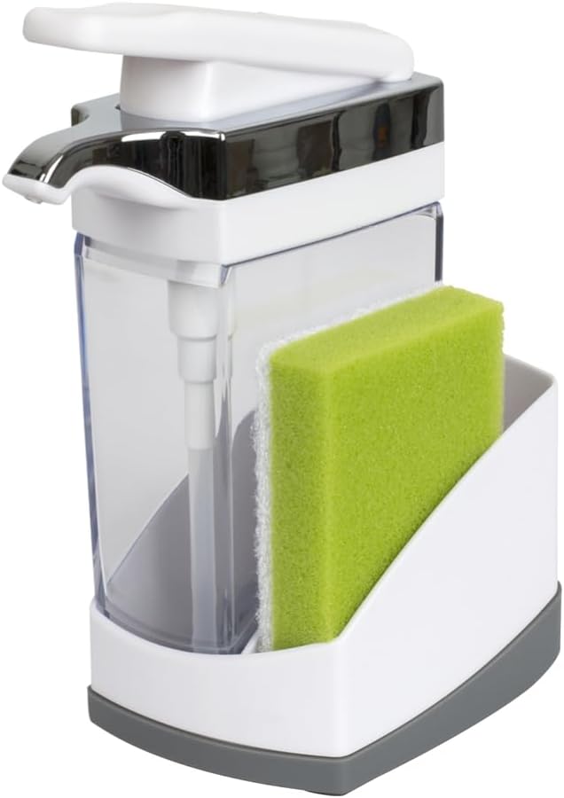 Casabella Sink Sider Solo Soap Pump and Sponge Caddy for Kitchen Sinks, Kitchen Sink Organizer Sponge Caddy and Soap Pump Combo, White by Casabella