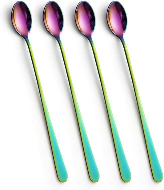 IQCWOOD Rainbow Long Handle Iced Tea Spoons, 9-Inch Ice Cream Coffee Stirring Spoons, Set of 4
