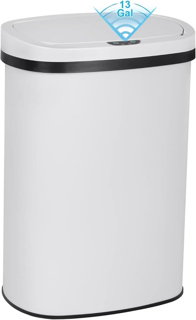 Bigacc 13 Gallon Touch Free Automatic Stainless Steel Trash Can Garbage Can Metal Trash Bin with Lid for Kitchen Living Room Office Bathroom, Electronic Motion Sensor Automatic Trash Can - White by Bigacc