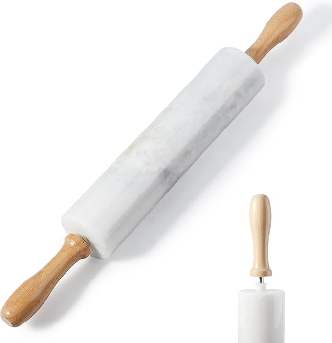 Koville White Marble Rolling Pin With Wooden Handles & Wood Cradle, 18 Inch Polished Marble Rolling Pins For Making Pizza Dough, Dough Roller For Pie Crust, Cookie, Pasta, Ergonomic Handles by Koville