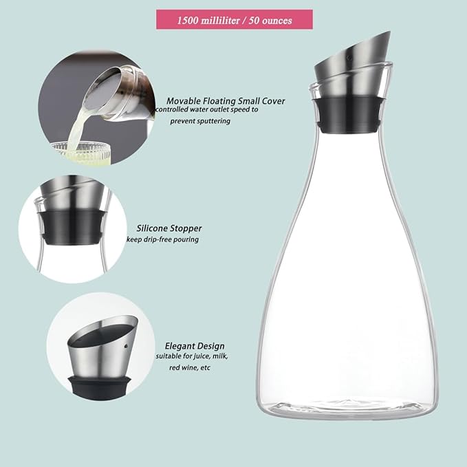 50 Ounces Borosilicate Glass Carafe with Lid, Glass Pitcher for Hot/Cold Water, Ice Tea and Lemonade Beverage - Image 4