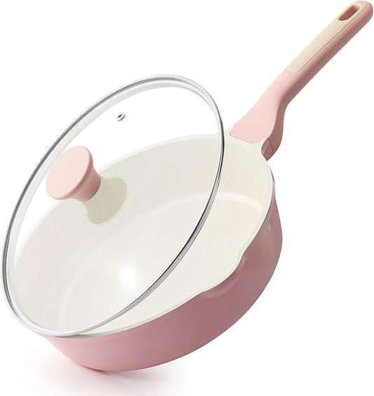 SENSARTE Nonstick Ceramic Skillet with Lid 10-inch, 3.5QT Non Toxic Deep Frying Pan, Saute Pan with Lid, Stay-cool Handle, Healthy Cooking Pot, Induction Compatible, Pink by SENSARTE