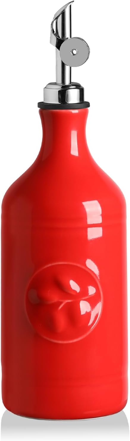 Sweejar 16 Oz Ceramic Olive Oil Dispenser Bottle, Oil Dispenser for Kitchen with Gravity Spout, Relief Opaque Oil Container for Evoo, Avocado Oil, Vinegar, Soy Sauce, 1 Pack(Red, Silver Spout) by Sweejarco1949