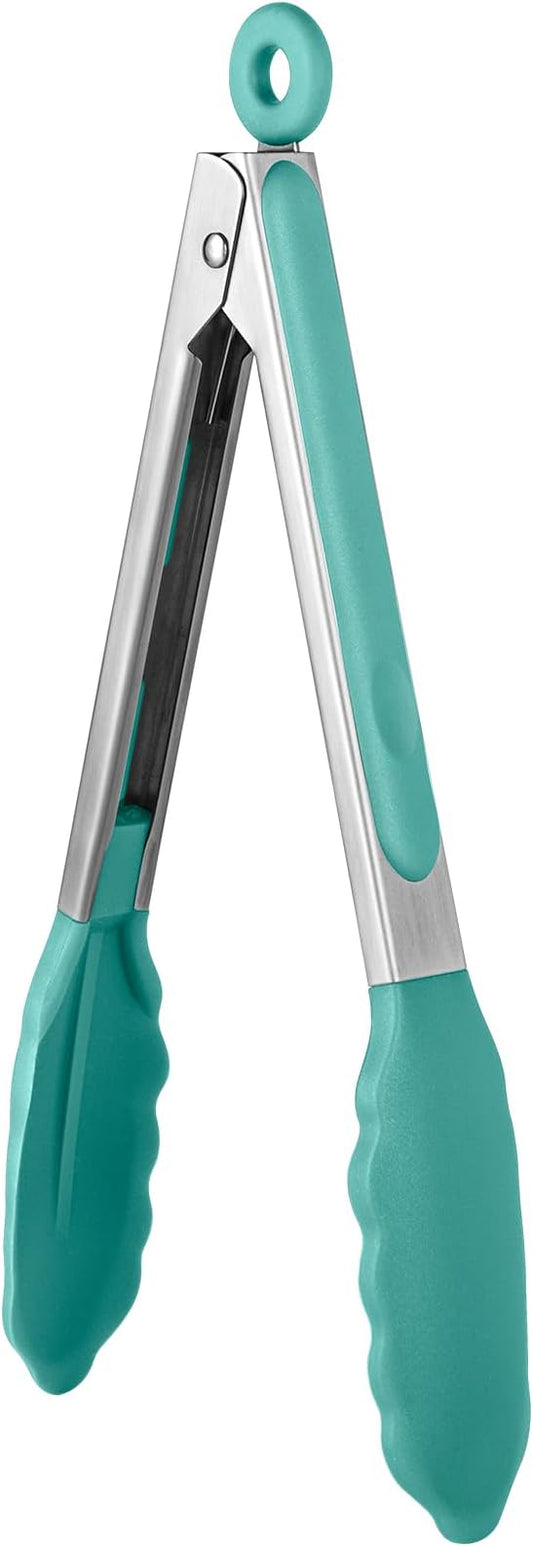 600ºF Heat Resistant Kitchen Tongs: U-Taste 9 inch Silicone Cooking Tong with Firm Sealed Non Stick Rubber Tips & Silicon Coated 18/8 Stainless Steel Handle & Smooth Locking for Serving Salad-Aqua Sky by U-Taste
