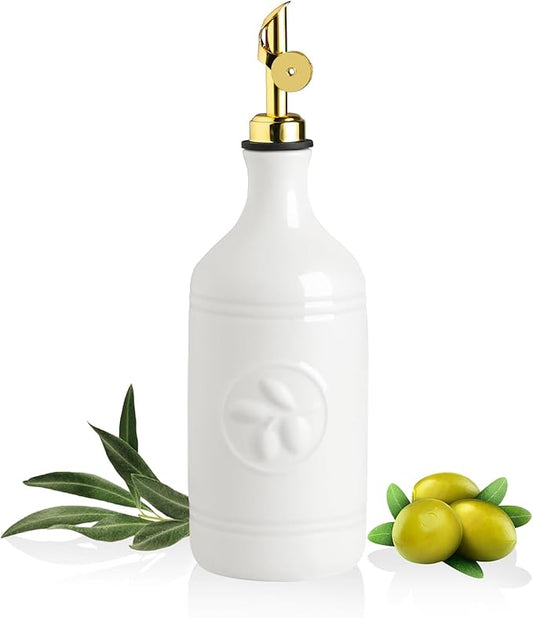 Sweejar 16 Oz Ceramic Olive Oil Dispenser Bottle, Oil Dispenser for Kitchen with Gravity Spout, Relief Opaque Oil Container for Evoo, Avocado Oil, Vinegar, Soy Sauce, 1 Pack(White, Gold Spout) by Sweejarco1949