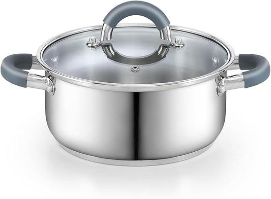 Cook N Home 3-Quart Stainless Steel Pot, Small Stock Pot with Glass Lid, Basics Saucier Casserole Stockpot, Stay-Cool Silicone Handles by CookNHome