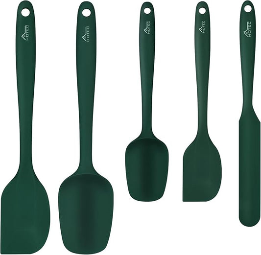 HOTEC 600℉ Heat Resistant BPA-Free Silicone Rubber Spatula Set,Kitchen Cooking Spatulas, Baking, Mixing for Non Stick Cookware, Dishwasher Safe, Dark Green Set of 5 by Hotec
