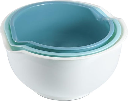 Set of 3 Mixing Bowls with Pour Spout-Nesting Design Saves Space - Non-Slip, BPA Free, Dishwasher Safe Plastic - Kitchen Cooking and Baking Supplies (Blue) by Cheeren