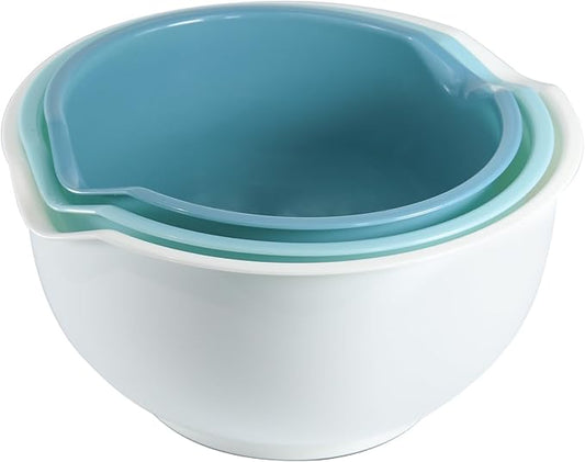 Set of 3 Mixing Bowls with Pour Spout-Nesting Design Saves Space - Non-Slip, BPA Free, Dishwasher Safe Plastic - Kitchen Cooking and Baking Supplies (Blue) by Cheeren