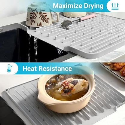 Foldable Silicone Dish Drying Mat for Kitchen Counter & Sink - Quick Dry, Space Saving, Non-Slip Pad for Small Apartments & Coffee Bar Light Grey