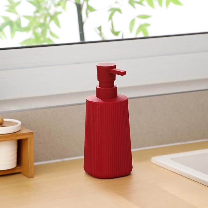 Small Soap Dispenser for Bathroom and Kitchen, Modern Farmhouse Striped Style Plastic Hand Soap Dish Soap Dispenser with Pump Matte Red - Image 5