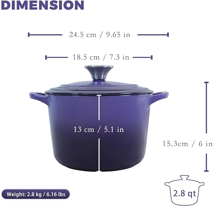Flavehc Dutch Oven Pot with Lid 2.8 qt Cast Iron Dutch Oven for Bread Baking Purple Enameled Cast Iron Rice Pot with Handels - Image 4