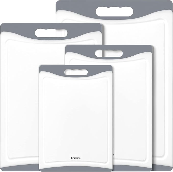 Extra Large Cutting Boards, Plastic Cutting Boards for Kitchen (Set of 4) Cutting Board Set Dishwasher Safe Chopping Board with Juice Grooves Easy-Grip Handles, Grey, Empune by Empune