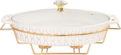 11" x 7.5" Ceramic Oval Casserole Dish with Glass Lid and Gold rack, 40 Ounce Serving Soup Tureen,Chafing Dish for Buffet, Family Food preserve Tray, Catering Casserole for Party Style, White