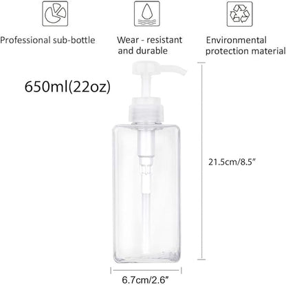 Pump Bottle, Refillable Plastic Empty Lotion Soap Dispenser Liquid Container for Bathroom Shampoo and Body Wash, 22oz/650ml Clear 2 Pack