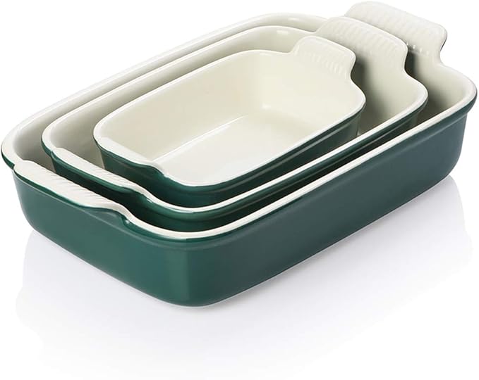 Sweejar Baking Pans Set, Ceramic 9x13 Baking Dish with Handle, Rectangular Casserole Dishes for Oven, Bakeware Sets of 3, Durable Lasagna Pan Deep for Kitchen, Banquet, Wedding Gift(Jade) by Sweejarco1949