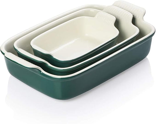 Sweejar Baking Pans Set, Ceramic 9x13 Baking Dish with Handle, Rectangular Casserole Dishes for Oven, Bakeware Sets of 3, Durable Lasagna Pan Deep for Kitchen, Banquet, Wedding Gift(Jade) by Sweejarco1949