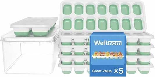 Ice Cube Tray, Ice Cube Trays for Freezer 5 Pack with Lid and Bin, Ice Tray Easy-Release, Ice Trays for Freezer Stackable, Silicone Ice Cube Tray for Drinks, Coffee - BPA-Free and Odor-Free by WEFTNOM