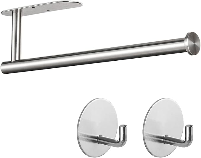 Paper Towel Holder with 2 Hooks-Under Cabinet Paper Towel Holder for Kitchen, Self-Adhesive or Screws, Space Saving Wall Mounted Kitchen Roll Holder, Bathroom, Stainless Steel Brushed Nickel