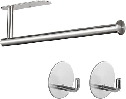 Paper Towel Holder with 2 Hooks-Under Cabinet Paper Towel Holder for Kitchen, Self-Adhesive or Screws, Space Saving Wall Mounted Kitchen Roll Holder, Bathroom, Stainless Steel Brushed Nickel