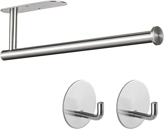 Paper Towel Holder with 2 Hooks-Under Cabinet Paper Towel Holder for Kitchen, Self-Adhesive or Screws, Space Saving Wall Mounted Kitchen Roll Holder, Bathroom, Stainless Steel Brushed Nickel