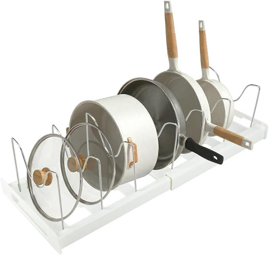 Adjustable Pot and Pan Organizer for Cabinet, Expandable 12"-22" Pan Lid Rack with 7 Stainless Steel Dividers, ABS White Kitchen Cabinet Organizer for Pots, Lids, Cutting Boards