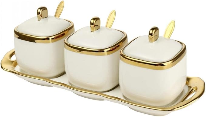 Porcelain Condiment Jar Spice Container with Tray Ceramic Serving Spoon and Lid, Spice Sugar Ceramic Condiment Pot Creative Seasoning Box for Your Home, Kitchen, Counter (White)
