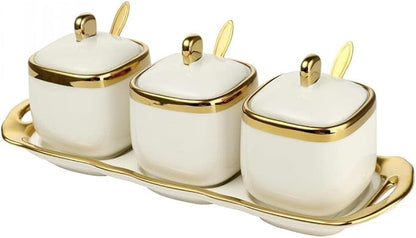 Porcelain Condiment Jar Spice Container with Tray Ceramic Serving Spoon and Lid, Spice Sugar Ceramic Condiment Pot Creative Seasoning Box for Your Home, Kitchen, Counter (White)