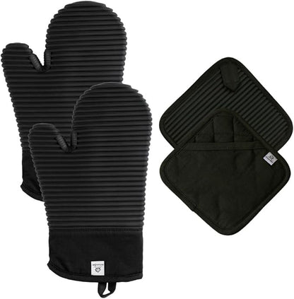 Extra Long Silicone Oven Mitts and Pot Holders Sets | Heat Resistant 500°F BPA-Free Food Grade Silicone Hot Pads & Kitchen Mittens | 4-Piece Set of Oven Gloves & Potholders for Kitchens. by AH+Artisan+Home