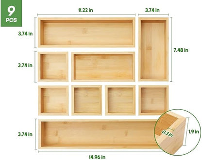 Bamboo Drawer Organizer Set, 9 PCS Multi-Use Individual Wood Storage Organizers, Junk Drawer Divider and Storage Trays Containers for Kitchen, Bathroom, Office Desk, Makeup, Jewelry, Utensils - Image 7