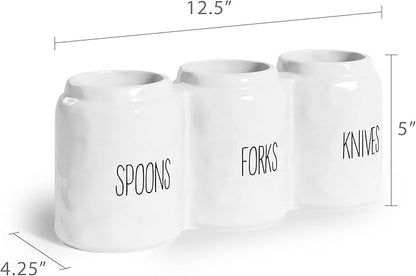 Barnyard Designs Silverware Caddy for Countertop - Cutlery Organizer for Spoon, Fork, and Knife - Ceramic Utensil Holder for Flatware or Plasticware - Perfect for Parties - 12.5” x 4.25” x 5” (White)