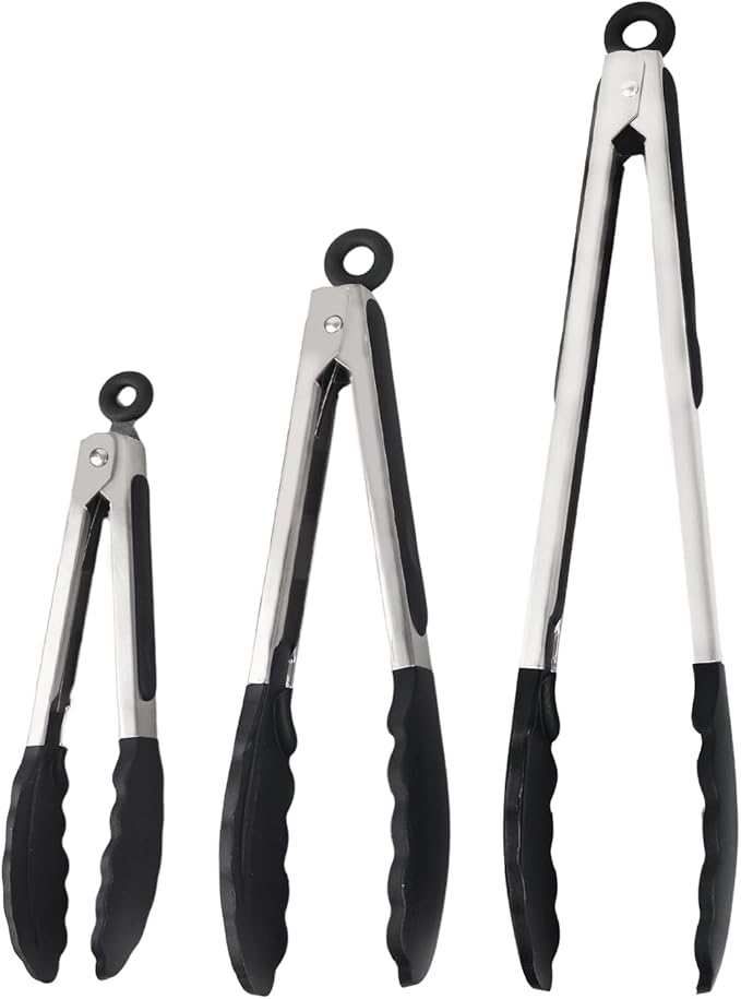 Kitchen Tongs with Silicone Tips, Kitchen Tongs, Cooking Tongs, Premium Stainless Steel Locking Cooking Tongs, Non-Slip Food Tongs for Cooking, Heavy Duty, Non-Stick, 480℉, Set of 3-7"/9"/12" Black by Unknown