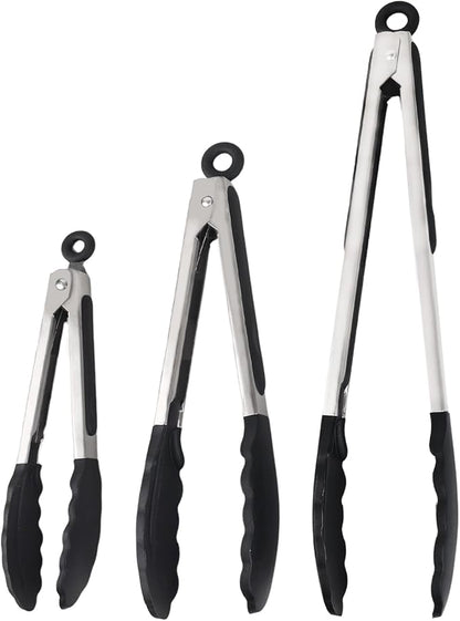 Kitchen Tongs with Silicone Tips, Kitchen Tongs, Cooking Tongs, Premium Stainless Steel Locking Cooking Tongs, Non-Slip Food Tongs for Cooking, Heavy Duty, Non-Stick, 480℉, Set of 3-7"/9"/12" Black by Unknown