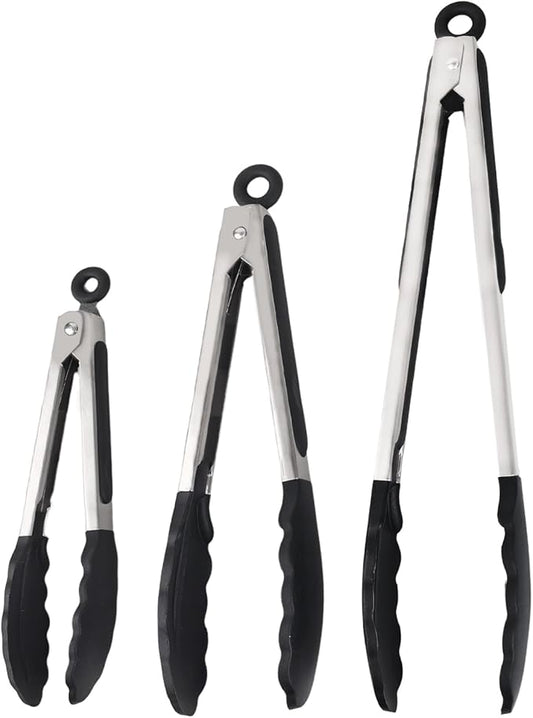 Kitchen Tongs with Silicone Tips, Kitchen Tongs, Cooking Tongs, Premium Stainless Steel Locking Cooking Tongs, Non-Slip Food Tongs for Cooking, Heavy Duty, Non-Stick, 480℉, Set of 3-7"/9"/12" Black by Unknown