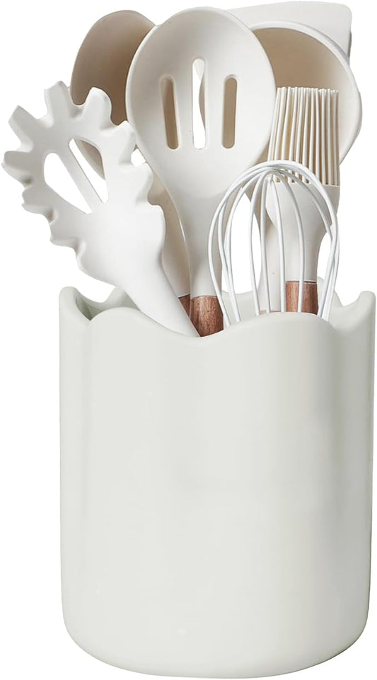 Large Utensil Holder for Kitchen Counter, Ceramic Kitchen Utensil Crock with Protection Cork Mat, Modern Cooking Tools Organizer for Countertop, White
