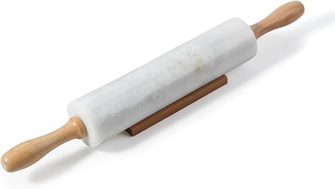 Koville White Marble Rolling Pin With Wooden Handles & Wood Cradle, 18 Inch Polished Marble Rolling Pins For Making Pizza Dough, Dough Roller For Pie Crust, Cookie, Pasta, Ergonomic Handles - Image 7