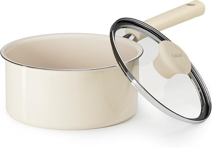 Redchef Ceramic Nonstick Saucepan with Lid, 2.5QT Small Cooking Pot, Non Toxic Sauce Pans for Kitchen, Cool Handle PFAS Free Compatible with All Cooktops, White