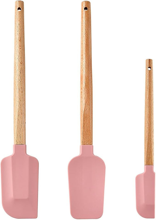 3-Piece Heat Resistant Silicone Spatula Set for Baking - Wooden Handle Spatula Baking Spatula, Non-Stick for Cooking, Mixing, Frosting & Jams (pink)