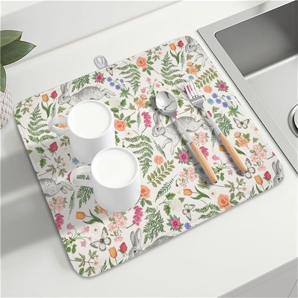 Easter Bunny Dish Drying Mat for Kitchen Counter,Colorful Flowers Sage Green Leaves Vintage Botanical Plants Drying Mat 16 x 18 Inch with Absorbent Reversible Microfiber Drying Pad for Coffee Bar - Image 7