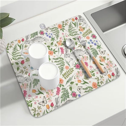 Easter Bunny Dish Drying Mat for Kitchen Counter,Colorful Flowers Sage Green Leaves Vintage Botanical Plants Drying Mat 16 x 18 Inch with Absorbent Reversible Microfiber Drying Pad for Coffee Bar - Image 7