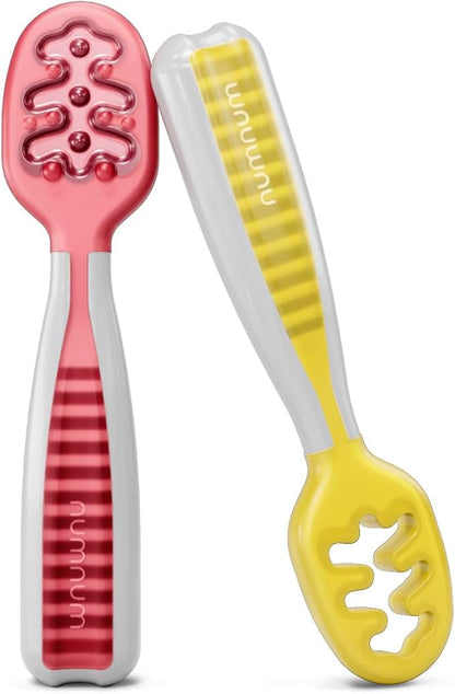 NumNum Baby Spoons Set, Baby Essentials Pre-Spoon GOOtensils for 6+ Months, First Stage Self-Feeding Spoons for Baby Led Weaning (BLW), Silicone Toddler Utensils, BPA-Free, 2 Pack Red/Yellow by NumNum