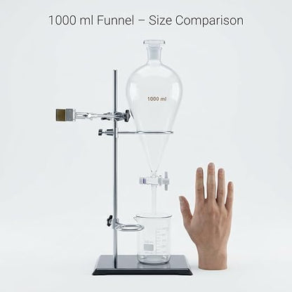 QWORK 1000ml Heavy Wall Conical Separating Funnel with 24/29 Fitting and PTFE Stopcock + Laboratory Distillation Support Rack for Titration Extraction