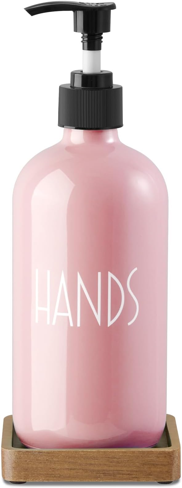 Pink Glass Hand Soap Dispenser with Acacia Wood Tray, 16 oz Refillable Hand Soap Pump Bottle, Decorative Countertop Soap Dispenser Set for Kitchen, Bathroom, Restaurant by Unknown