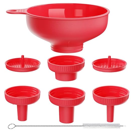 Pisol Wide Mouth Versatile Funnel, Canning Funnels for Kitchen Use, Food Grade Plastic Cooking Funnel Set with 4 Size Spouts and 2 Strainers for Filling Different Bottles and Bags, Red by Pisol