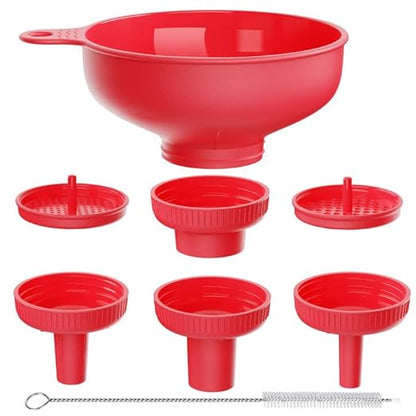 Pisol Wide Mouth Versatile Funnel, Canning Funnels for Kitchen Use, Food Grade Plastic Cooking Funnel Set with 4 Size Spouts and 2 Strainers for Filling Different Bottles and Bags, Red by Pisol