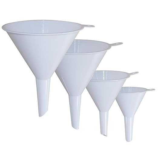 KongNai 4 Pieces Plastic Funnel Set for Kitchen and Automotive Use, Mini, Small, Medium and Large Funnel for Filling Bottles, Canning, Cooking, Lab or Car Oil Funnels (White) by KongNai