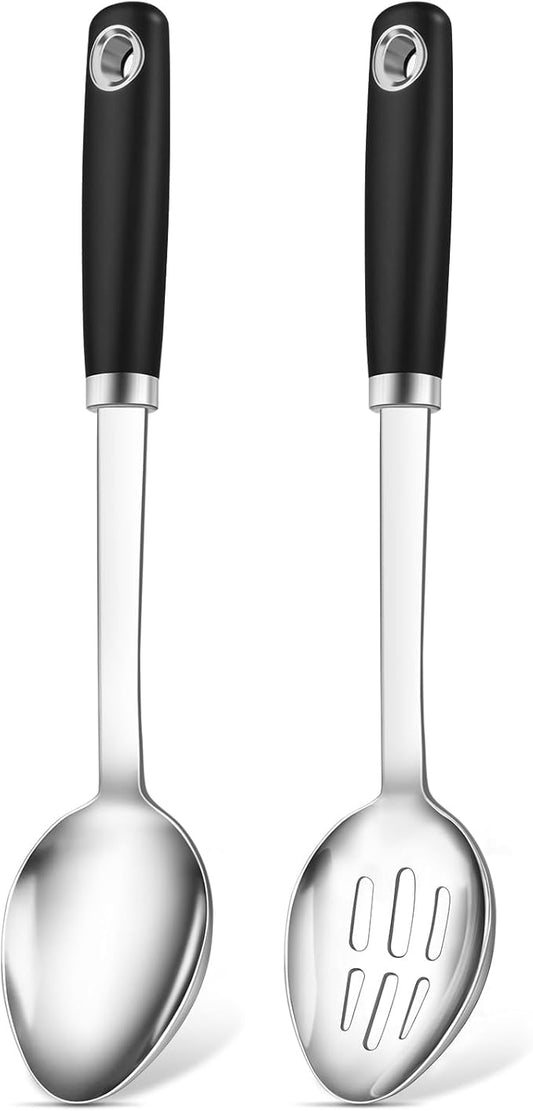 2 Pcs Stainless Steel Cooking Spoons Set, Solid & Slotted Metal Serving Spoons, Heavy Duty Sturdy Large Soup Ladle, High Heat Resistant Kitchen Cooking Utensils for Mixing, Stirring, Easy to Clean by Unknown