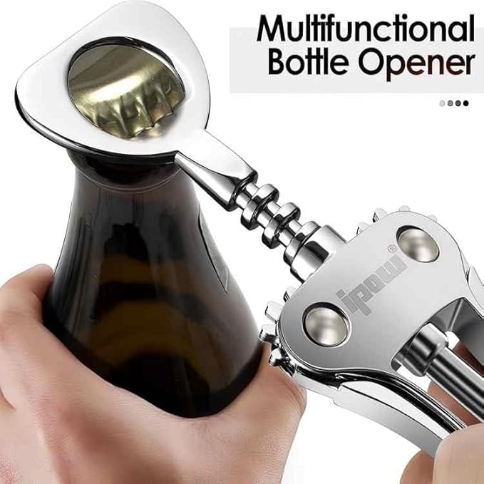 IPOW Wine Opener, Zinc Alloy Wine Bottle Opener, Wing Corkscrew Heavy Duty, Manual Multifunctional Cork Screw for Waiter, Silver - Image 2